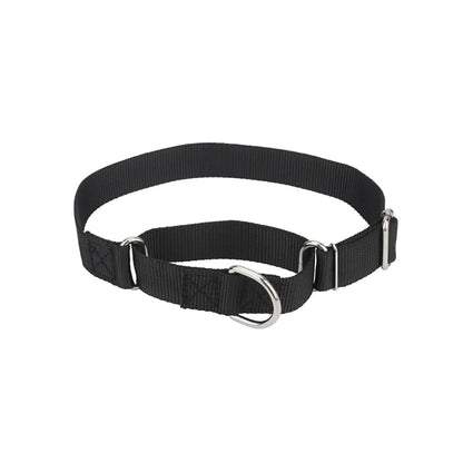 Collier martingale pour chien en nylon noir présenté sur fond clair.