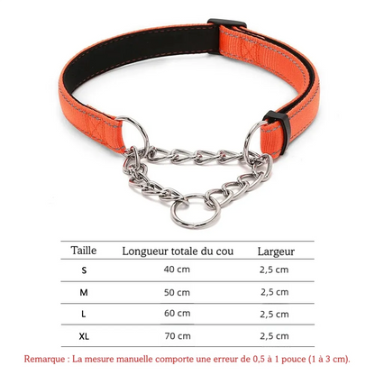 Collier martingale orange pour chien avec tableau des tailles S à XL dessous.