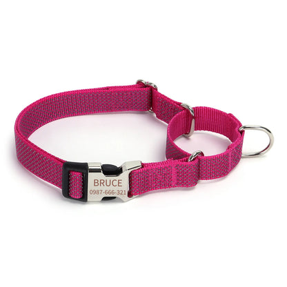 Collier martingale personnalisé rose pour chien avec boucle gravée et anneaux métalliques sur fond blanc.