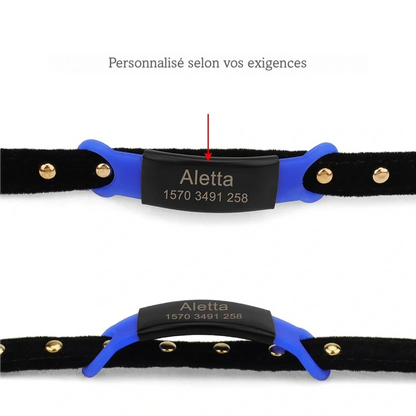 Vue complète d'un collier noir avec étiquette bleue personnalisée fixée à l’avant.