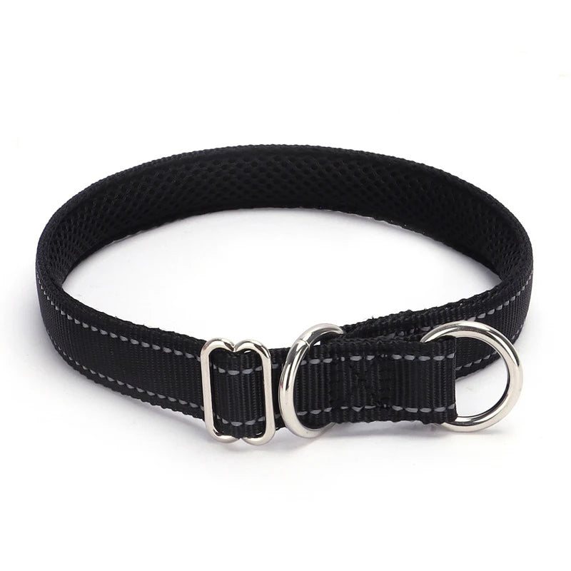 Collier noir pour chien avec doublure en maille sur fond blanc.