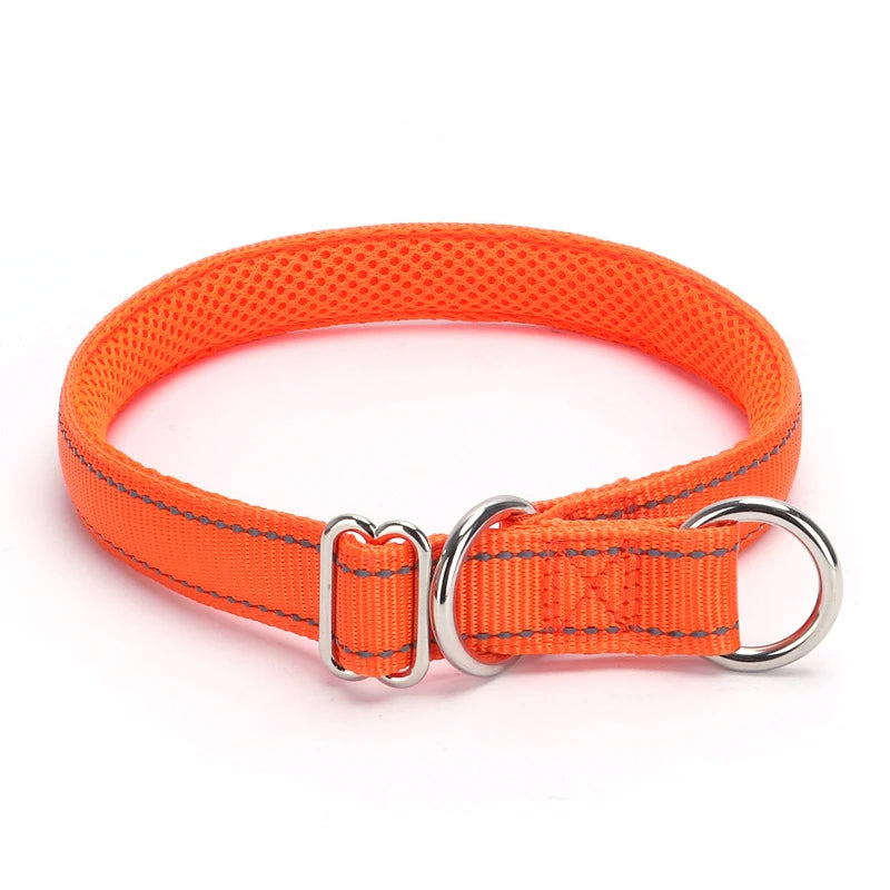 Collier orange pour chien avec doublure en maille sur fond blanc.