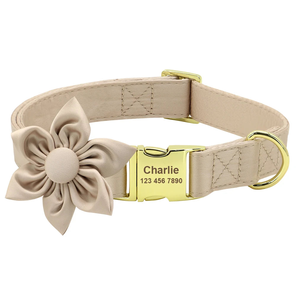Collier pour chien beige présenté avec une fleur décorative amovible et plaque personnalisée.