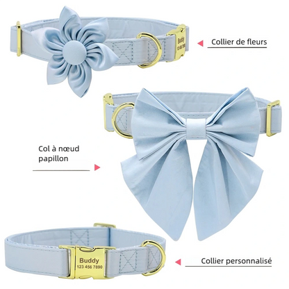 Visuel comparatif d’un collier personnalisé pour chien bleu avec fleur en tissu, nœud papillon et collier seul.