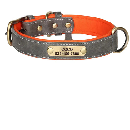 Collier personnalisé gris pour chien en cuir PU avec doublure orange et tableau des tailles XS à XL.