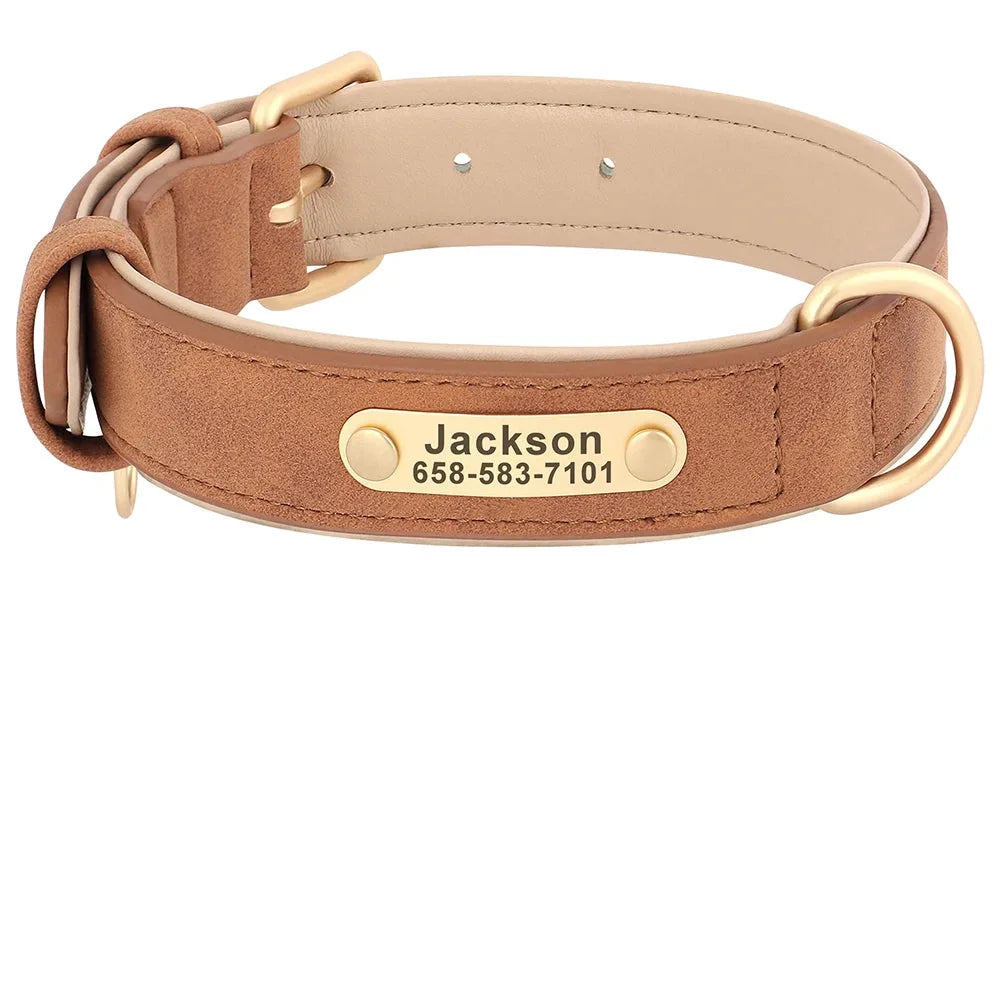 Collier personnalisé marron clair pour chien en cuir PU avec plaque dorée et guide des tailles S à XL.