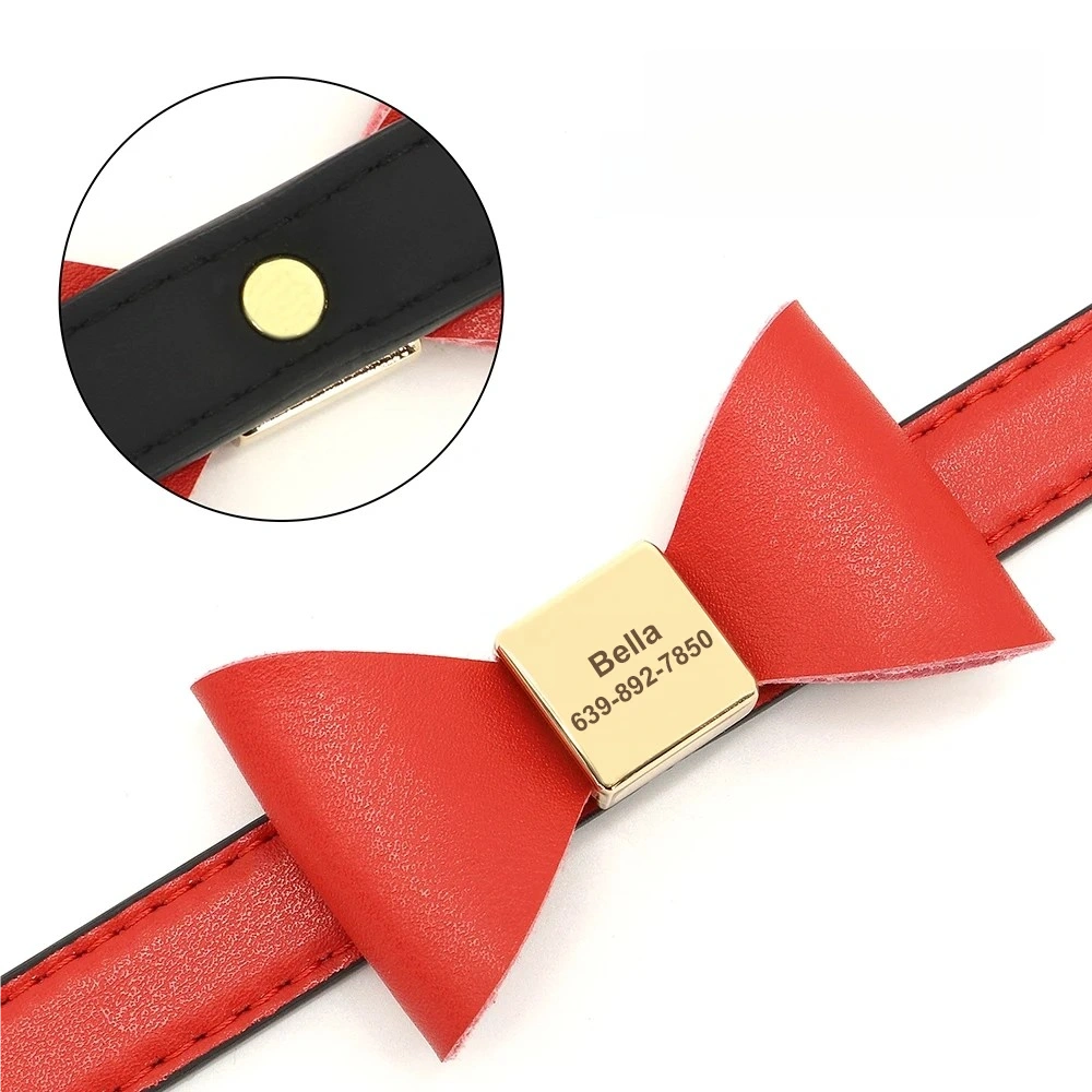 Détail du nœud papillon central rouge avec plaque gravée sur un collier pour chien