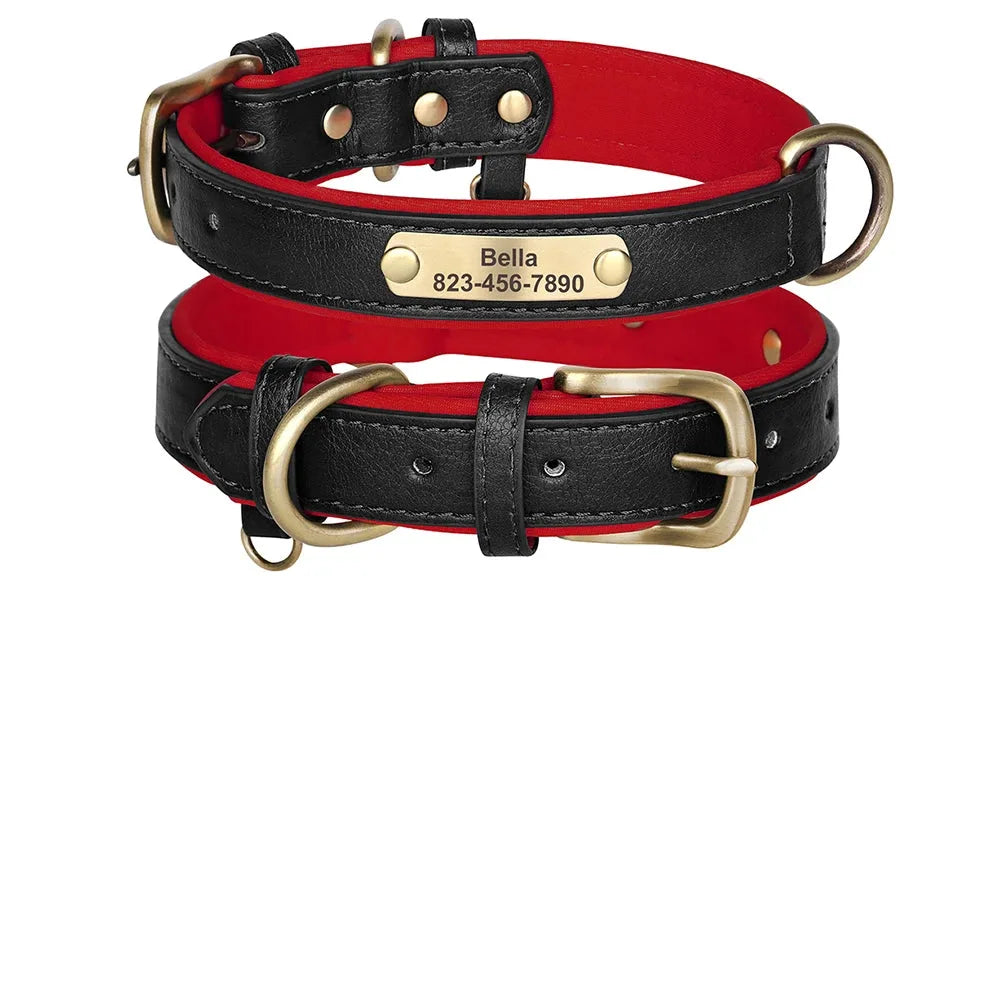 Collier personnalisé noir pour chien en cuir PU avec plaque dorée et guide des tailles XS à XL.