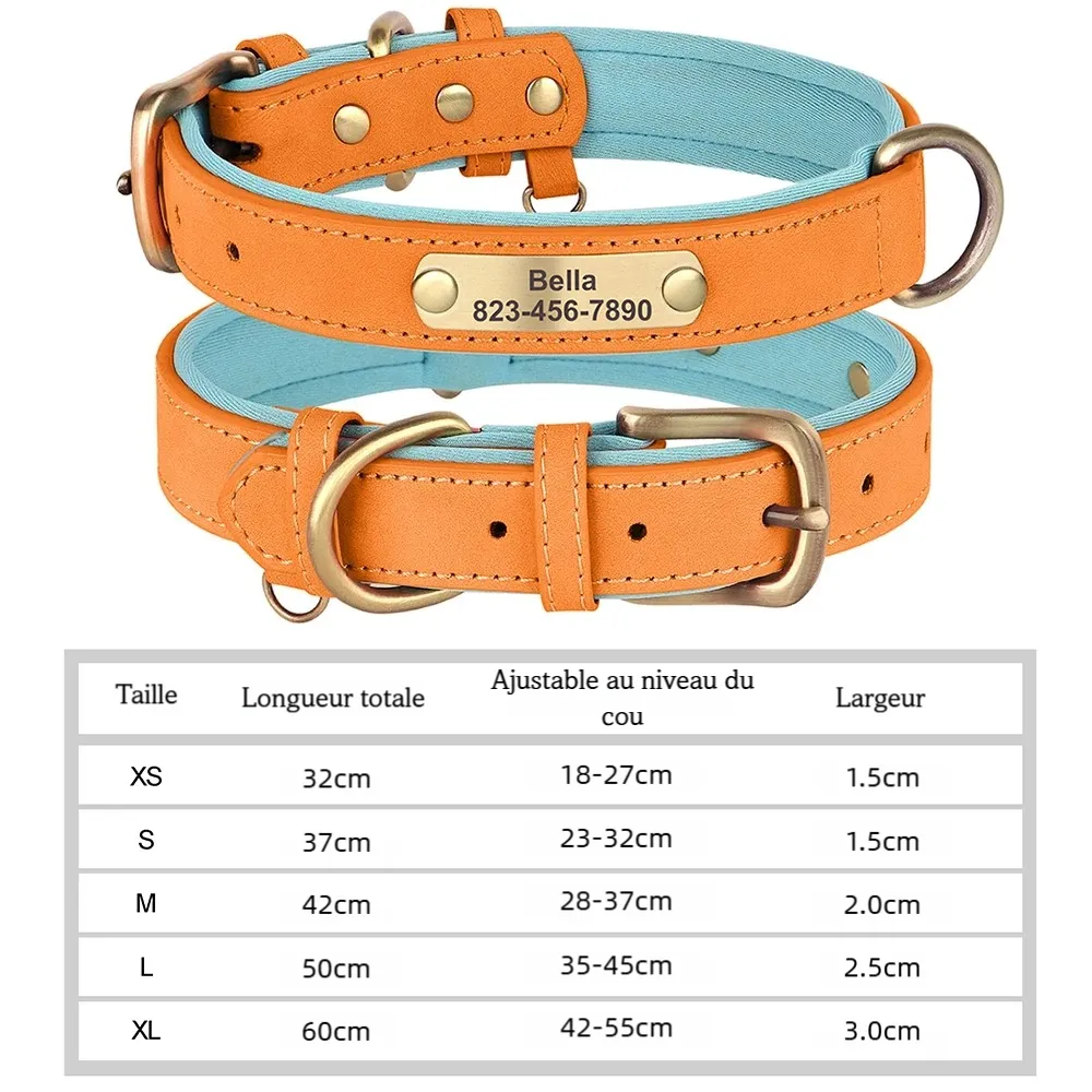 Collier personnalisé orange pour chien en cuir PU avec doublure bleu clair et tableau des tailles XS à XL.