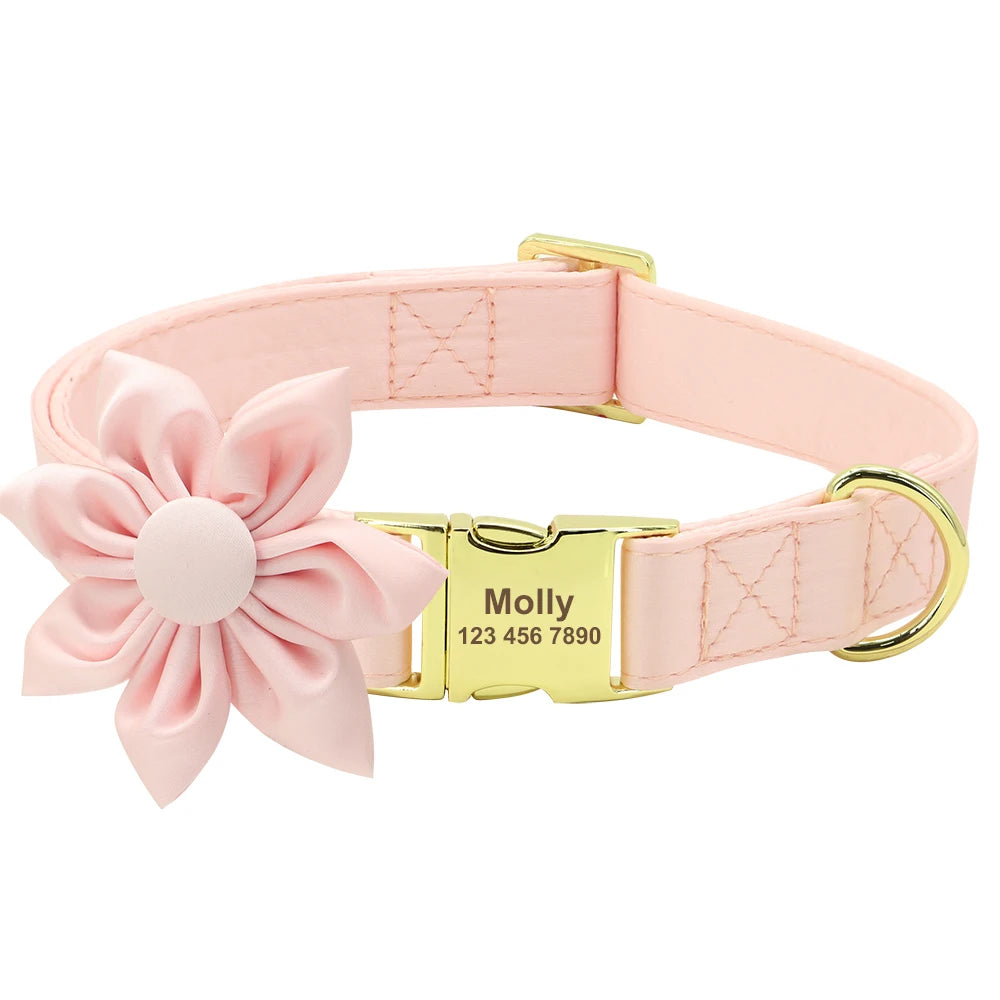 Collier pour chien rose présenté avec une fleur décorative amovible et plaque personnalisée.