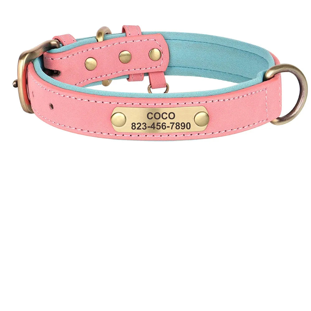 Collier personnalisé rose clair pour chien en cuir PU avec doublure bleu clair et guide des tailles XS à XL