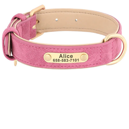 Collier personnalisé rose corail pour chien en cuir PU avec plaque dorée et guide des tailles S à XL.