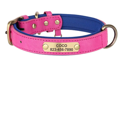 Collier personnalisé rose et bleu pour chien en cuir PU avec plaque d’identification dorée et guide des tailles XS à XL.