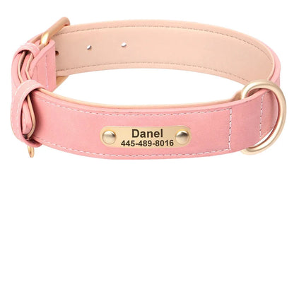 Collier personnalisé rose pâle pour chien en cuir PU avec plaque dorée et guide des tailles S à XL.