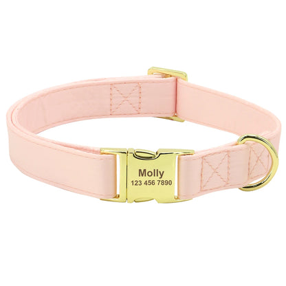 Collier personnalisé pour chien rose avec boucle gravée dorée, présenté sans accessoire.