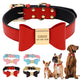 Collier personnalisé rouge pour chien avec miniatures des coloris et exemples portés sur plusieurs chiens