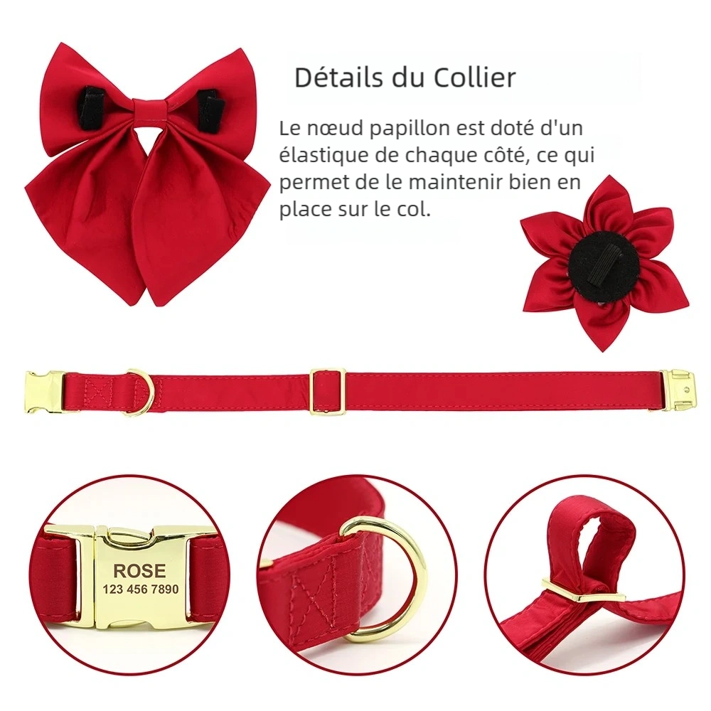 Détail d’un collier personnalisé pour chien rouge avec nœud papillon amovible, fleur en tissu et boucle gravée.