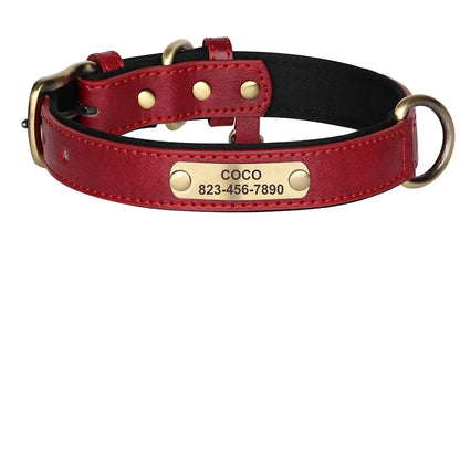 Collier personnalisé rouge pour chien en cuir PU avec doublure noire et tableau des tailles XS à XL.