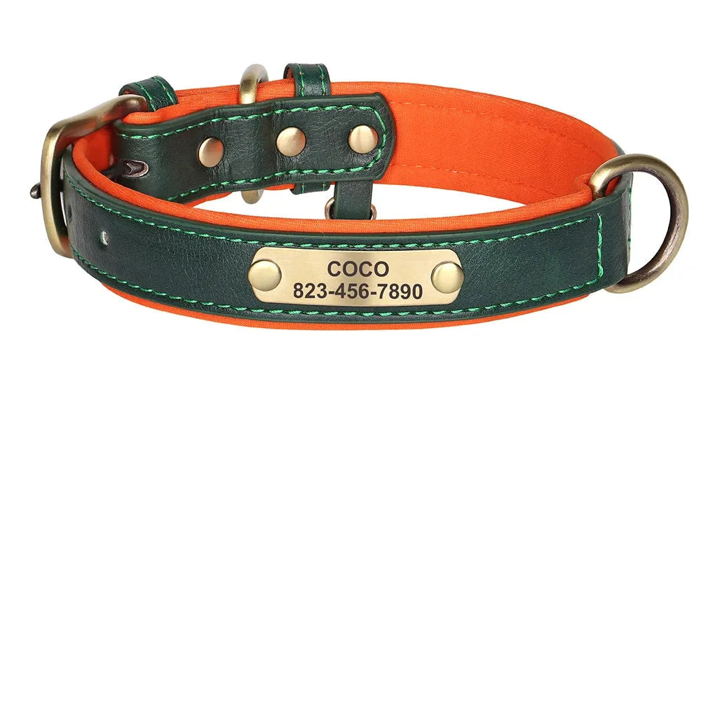 Collier personnalisé vert foncé pour chien en cuir PU avec doublure orange et tableau des tailles XS à XL.