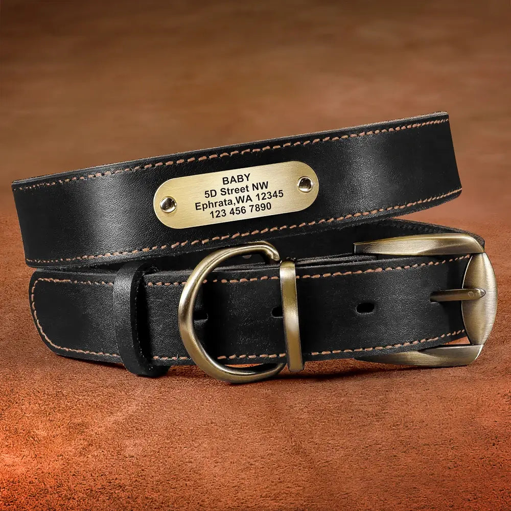 Collier pour chien en cuir noir avec plaque gravée personnalisable sur fond marron.