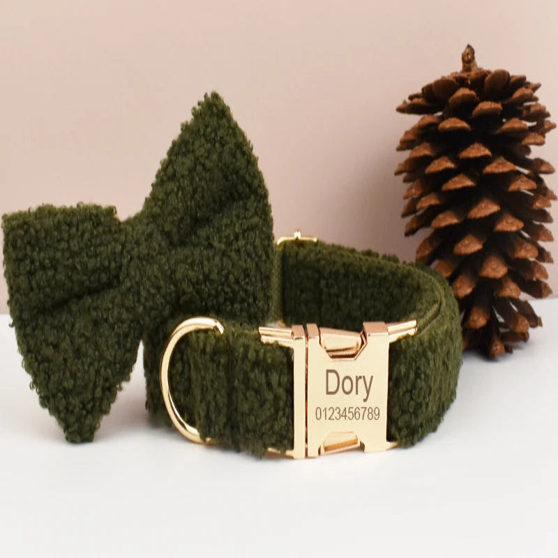 Collier vert kaki avec nœud papillon détachable et boucle dorée personnalisée Dory.