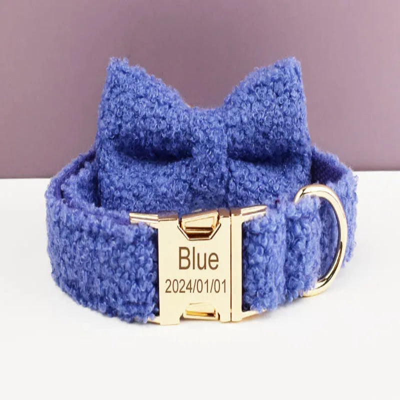 Collier violet avec nœud papillon détachable et boucle dorée personnalisée Blue.