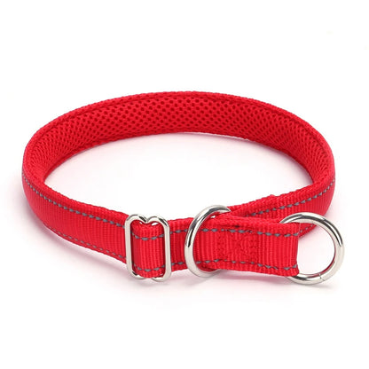 Collier rouge pour chien avec doublure en maille sur fond blanc.