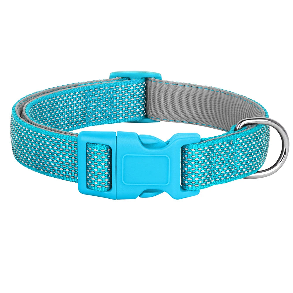 Collier de sécurité bleu pour chien avec rembourrage et surface réfléchissante sur fond blanc.