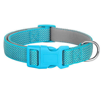Collier de sécurité bleu pour chien avec rembourrage et surface réfléchissante sur fond blanc.