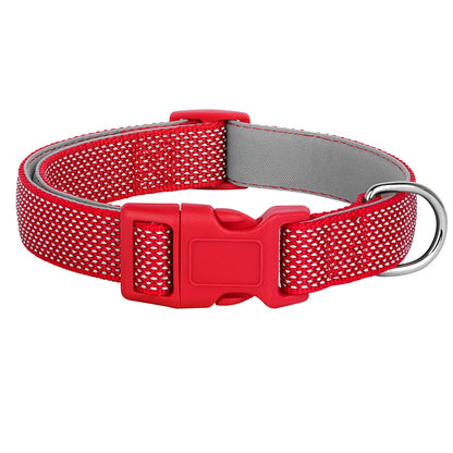 Collier de sécurité rouge pour chien avec rembourrage et surface réfléchissante sur fond blanc.