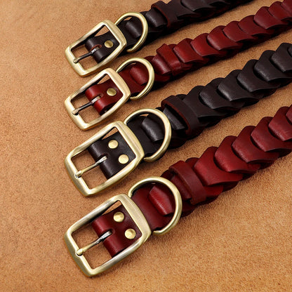 Gros plan des boucles dorées et du tressage sur plusieurs colliers en cuir pour chien.