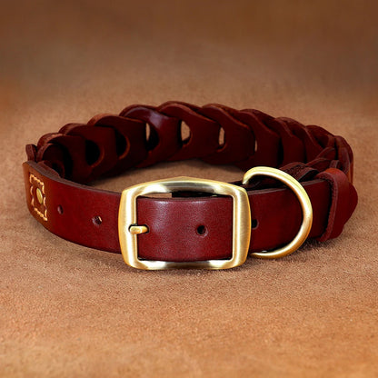 Collier tressé rouge brun pour chien avec boucle dorée sur fond marron.