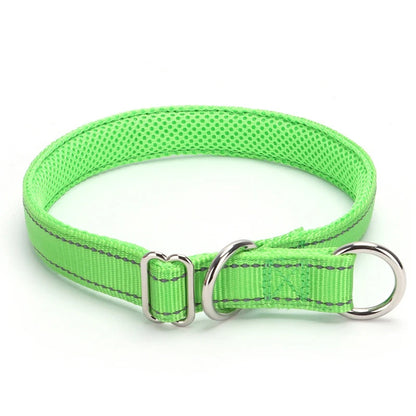 Collier vert fluo pour chien avec doublure en maille sur fond blanc.