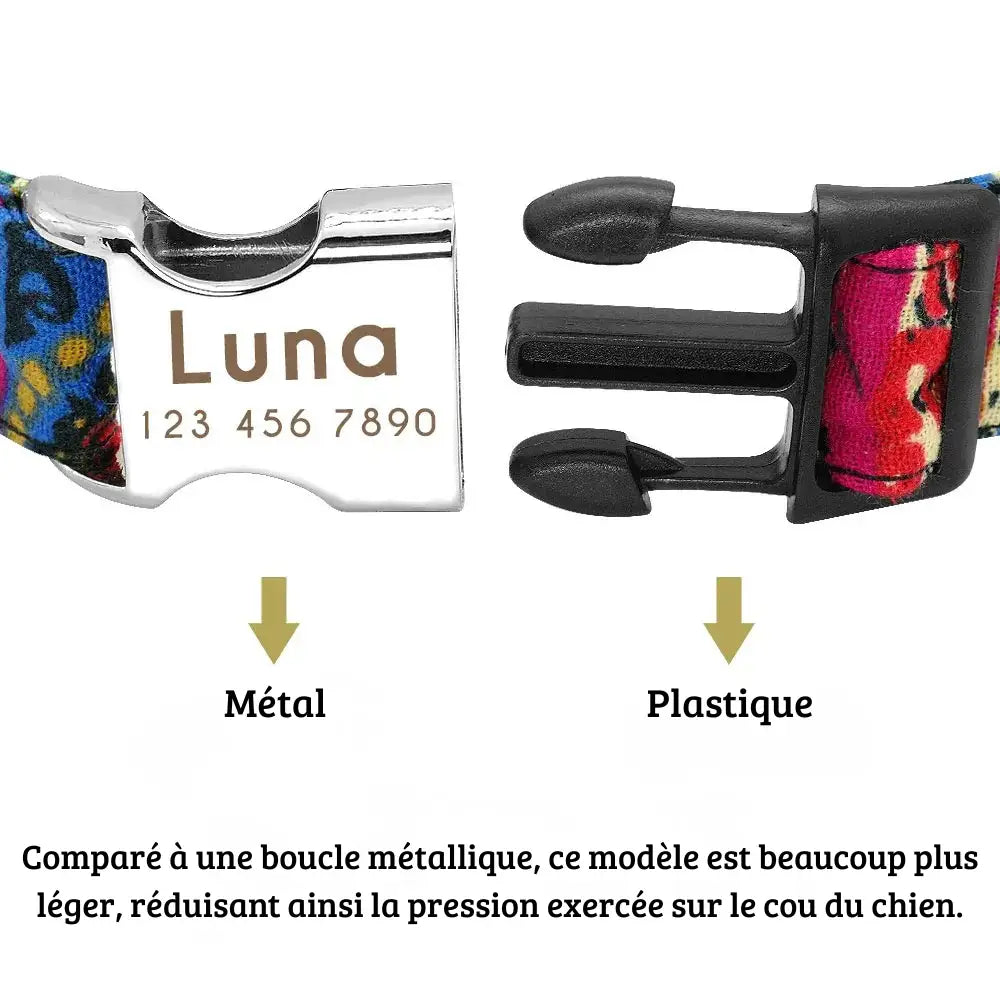 Détail comparatif entre la boucle métal gravée et le clip plastique du collier pour chien.