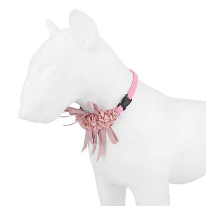Collier de cérémonie rose sur un modèle  qui offre une idée visuelle du rendu sur votre chien