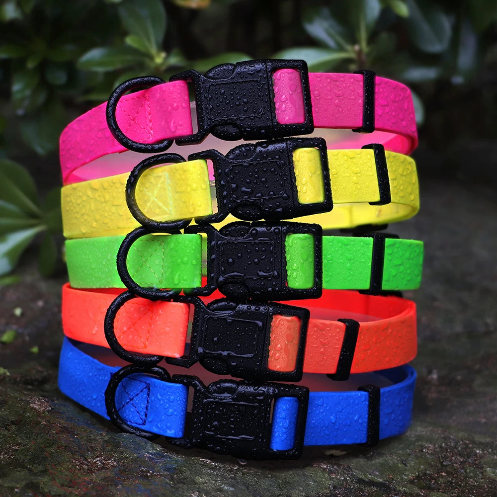 Empilement en extérieur de colliers fluo pour chien en PVC rose, jaune, vert, orange et bleu.