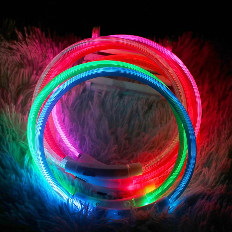 Plusieurs colliers lumineux pour chien allumés en différentes couleurs sur tapis à poils blanc.