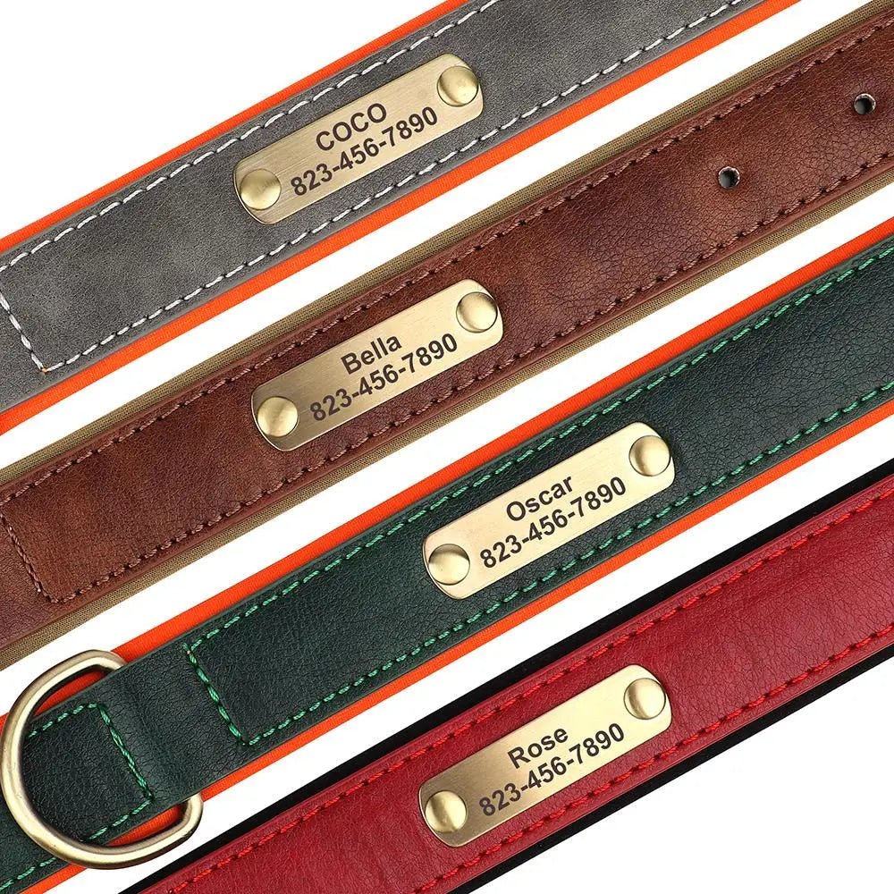 Colliers personnalisés pour chien en cuir PU avec plaque d’identification dorée, présentés en plusieurs coloris.
