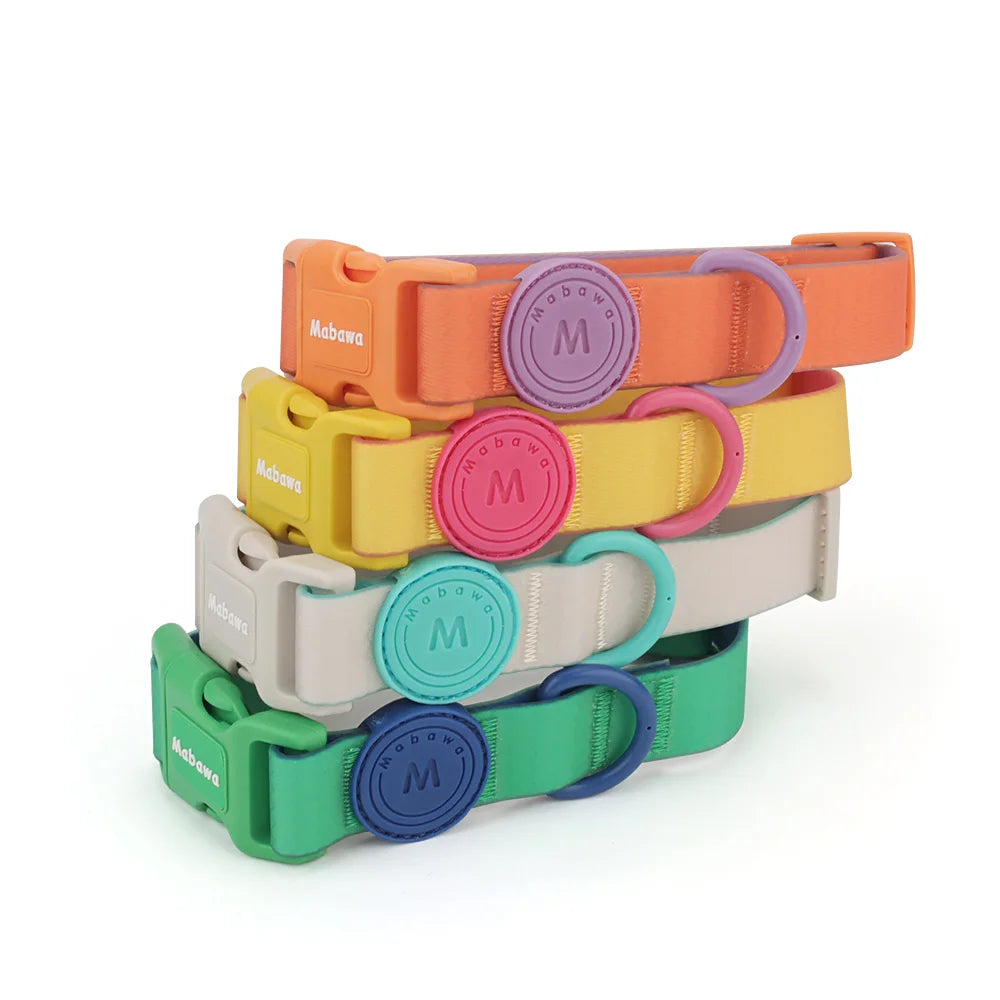 Colliers pour chien réglables présentés en plusieurs coloris et empilés sur un fond blanc.