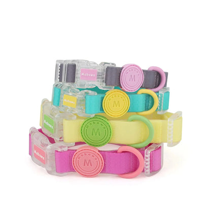 Colliers pour chien empilés avec boucle transparente en plusieurs coloris présentés sur fond blanc.