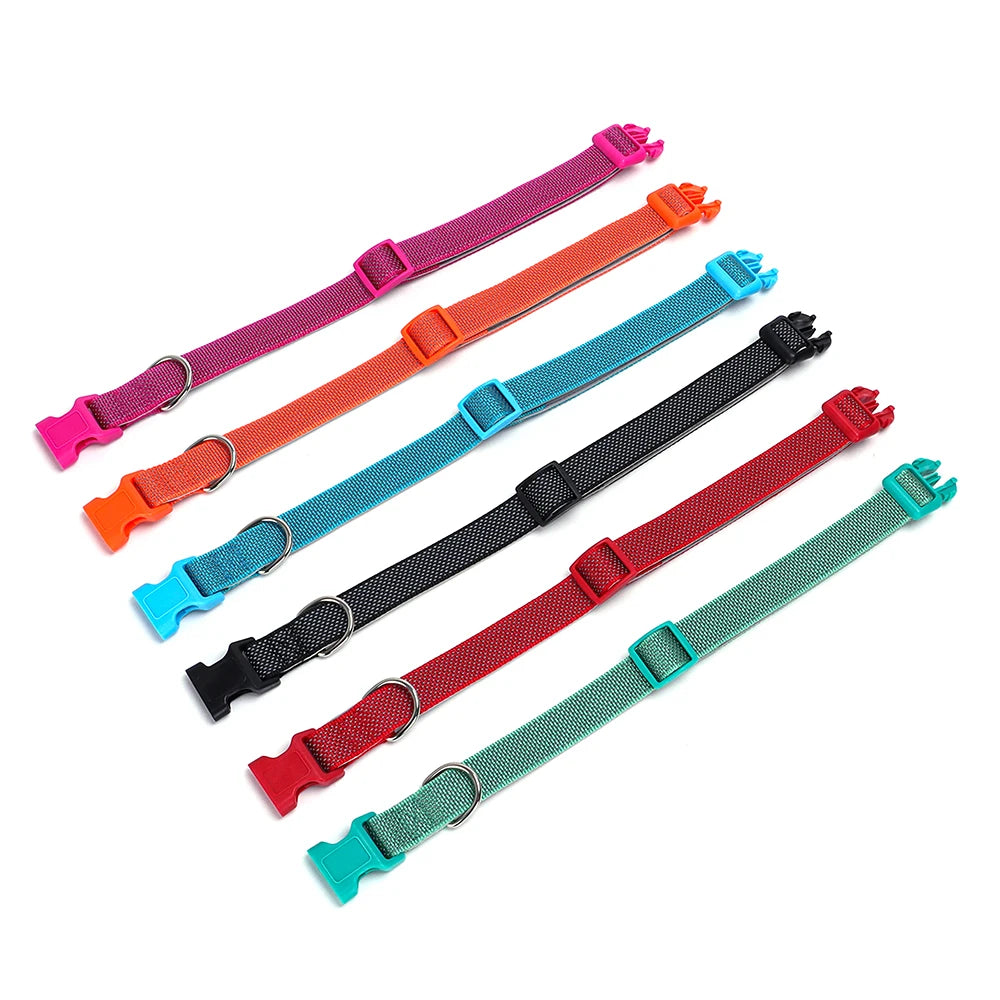 Plusieurs colliers réfléchissants pour chien en rose, orange, bleu, noir, rouge et vert présentés à plat sur fond blanc.
