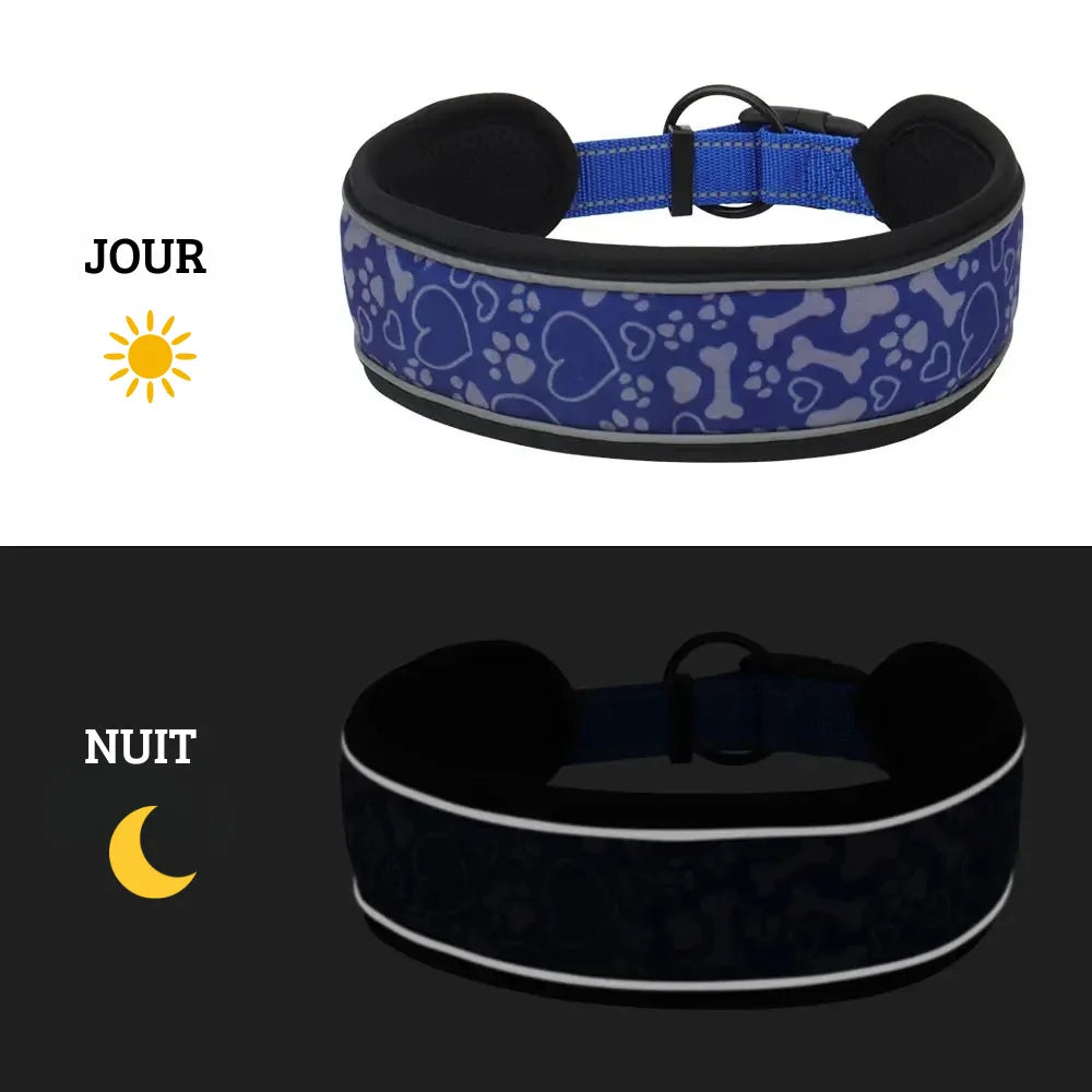Comparaison du collier bleu à motifs pattes de jour et de nuit avec bandes réfléchissantes.
