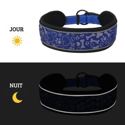 Comparaison du collier bleu à motifs pattes de jour et de nuit avec bandes réfléchissantes.
