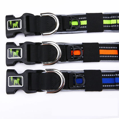 Détail de trois colliers pour chien avec boucles rapides grises et bandes de couleur visibles sur fond blanc.