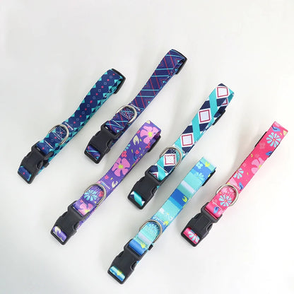 Six colliers pour chien alignés présentant différents motifs floraux et géométriques en rose, violet, bleu et turquoise sur fond clair.