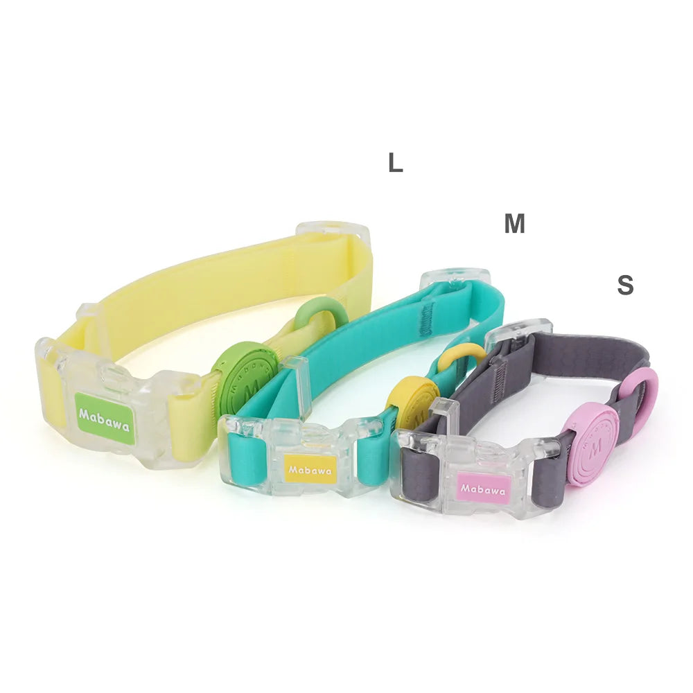 Vue des différentes tailles de collier chien avec boucle transparente sur fond blanc.