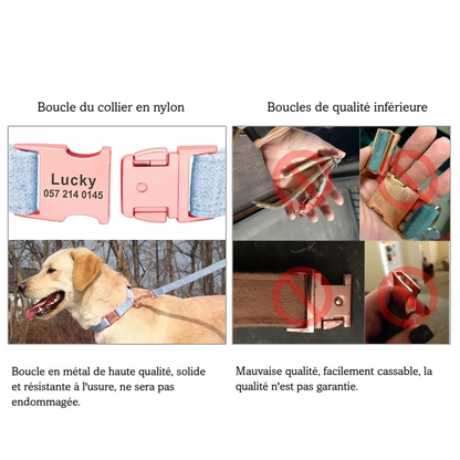 Comparatif visuel sur la qualité de la boucle métal du collier chien personnalisable.