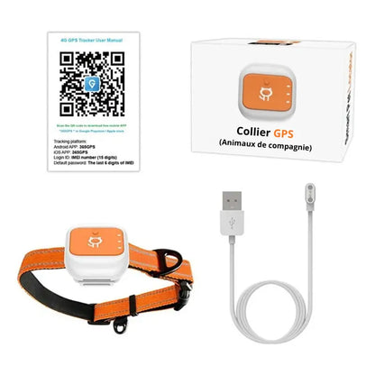 Contenu du coffret avec collier GPS, câble de charge, boîte et carte QR.