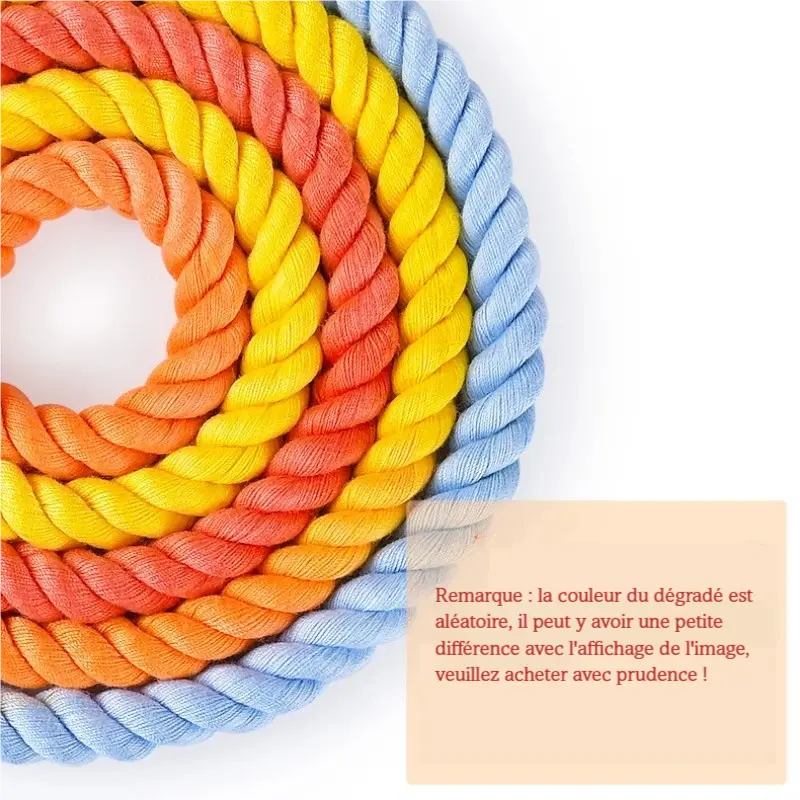 Cordes torsadées multicolores enroulées avec note visuelle en bas à droite.