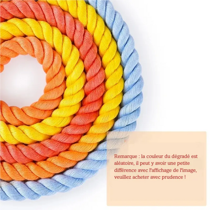 Cordes torsadées multicolores enroulées avec note visuelle en bas à droite.